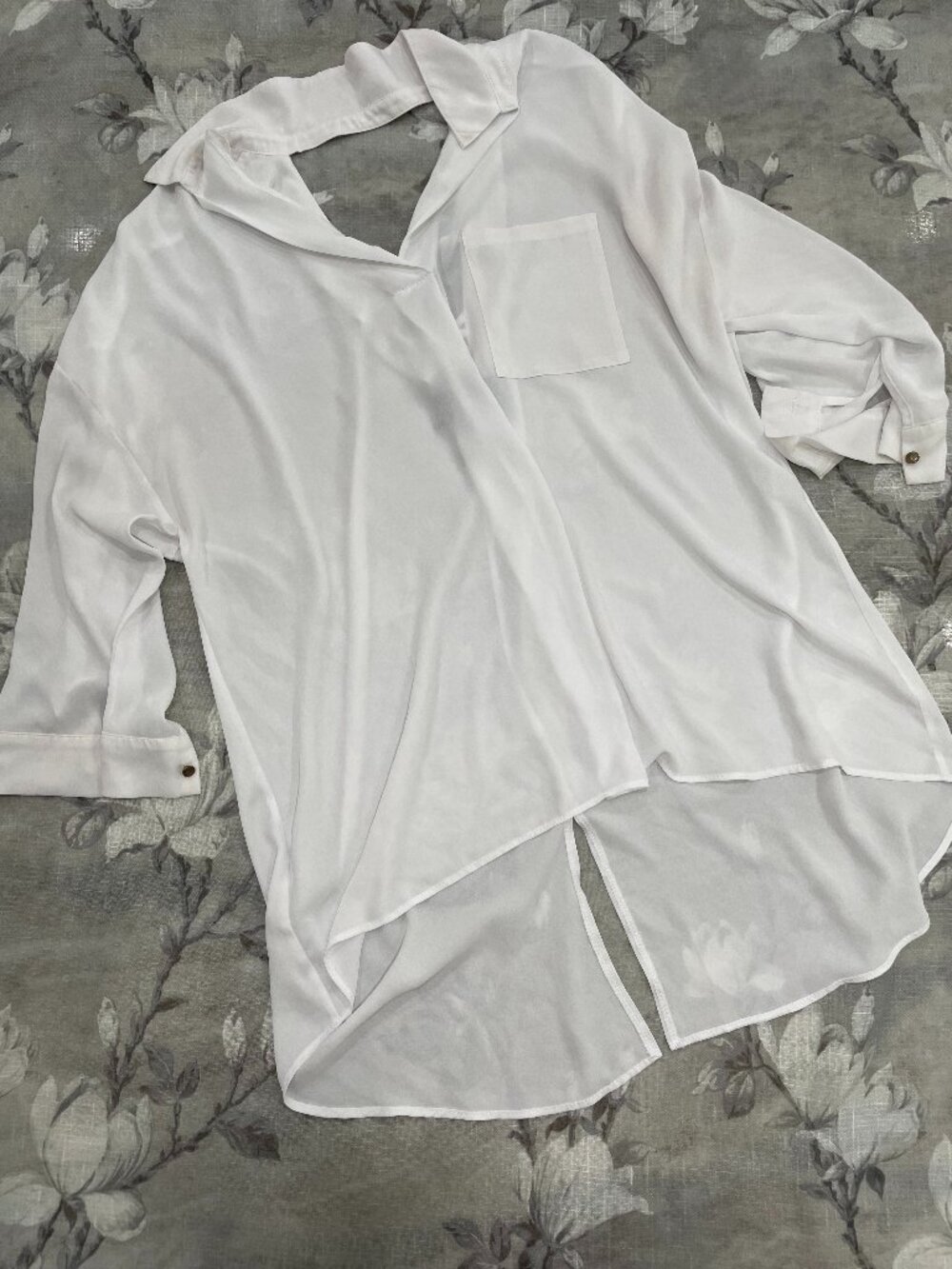 Frank Lyman White Chiffon Blouse Womens 14 High Low Sheer Crisscross Back Flowy